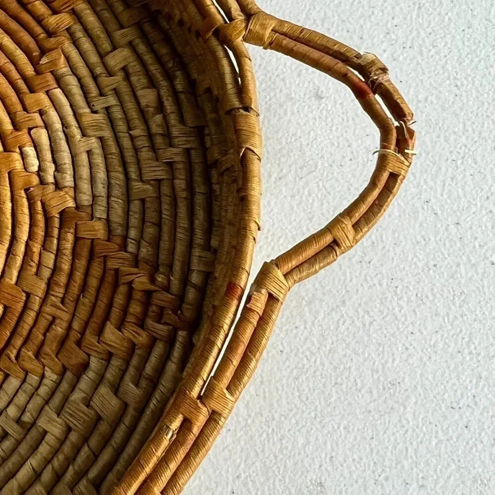 Set of 2 Round Coiled Woven Natural Baskets Double Handles Decor